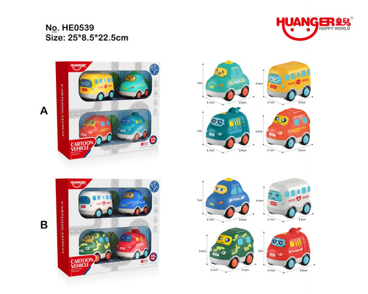 Fun Sound And Light Cartoon Car 4 Pack - Model A (Taxi, School Bus, Drink Truck, Jeep)