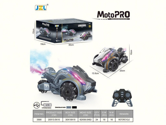 دراجة نارية ساخنة تعمل بالتحكم عن بعد 2.4 جيجا هرتز مزودة بأضواء ورذاذ R/C Spray Moto PRO 2.4 RC لعبة وحش ثلاثية العجلات