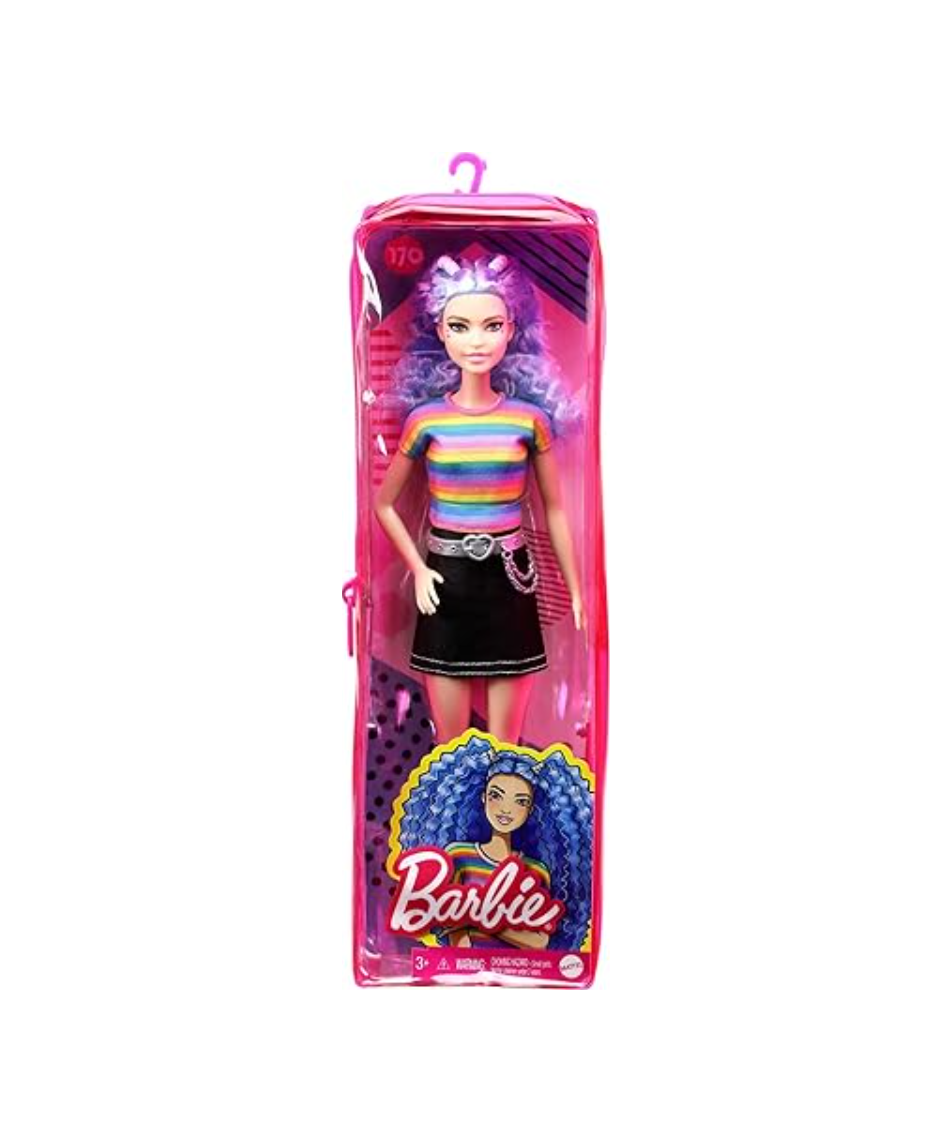 دمية Barbie® Fashionistas® - بلوزة مخططة بألوان قوس قزح / تنورة سوداء